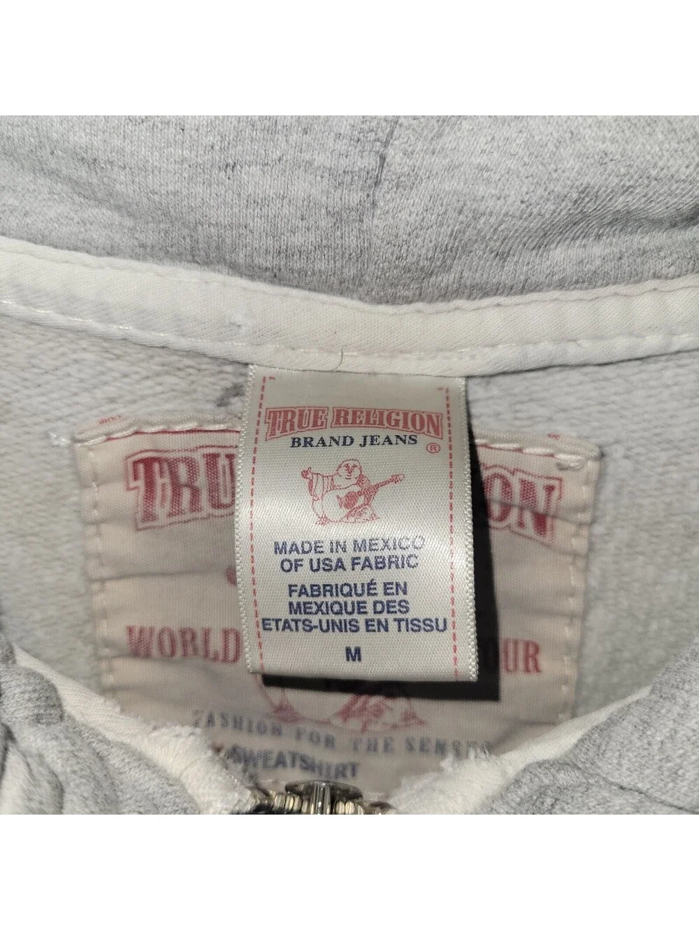 VTGTrue Religion Men's Gray Full Zip Hoodie Big T Stitching Sleeve Size M READ